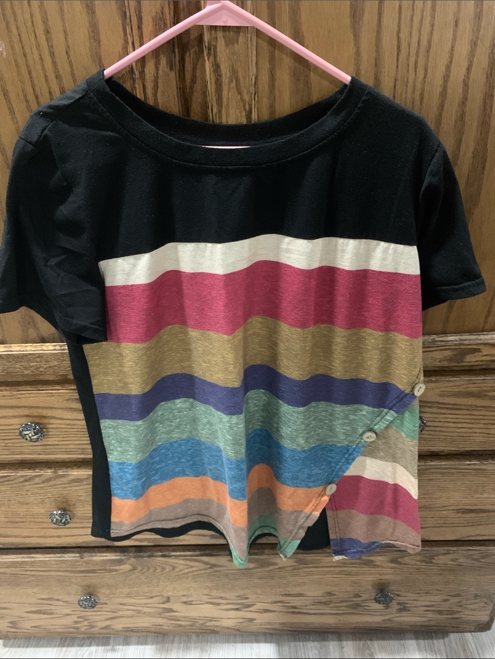 SHEIN Black Short Sleeve Rainbow Stripe Button Hem Tee